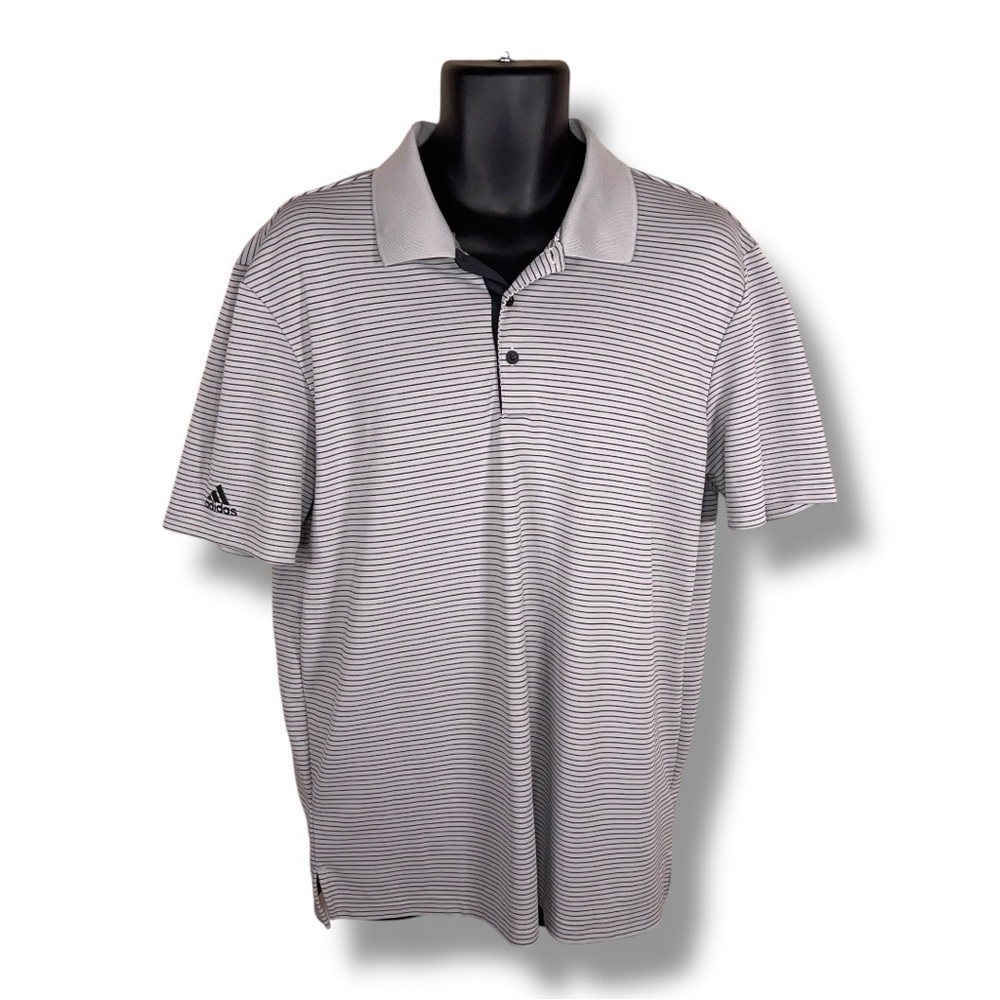 Large Adidas Mens Polo Short Golf Black Grey White Stripes Stretch Athletic